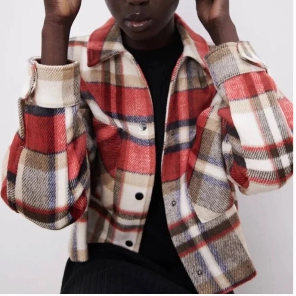 Zara Cropped Plaid Oversized Overshirt Jacket Sz M